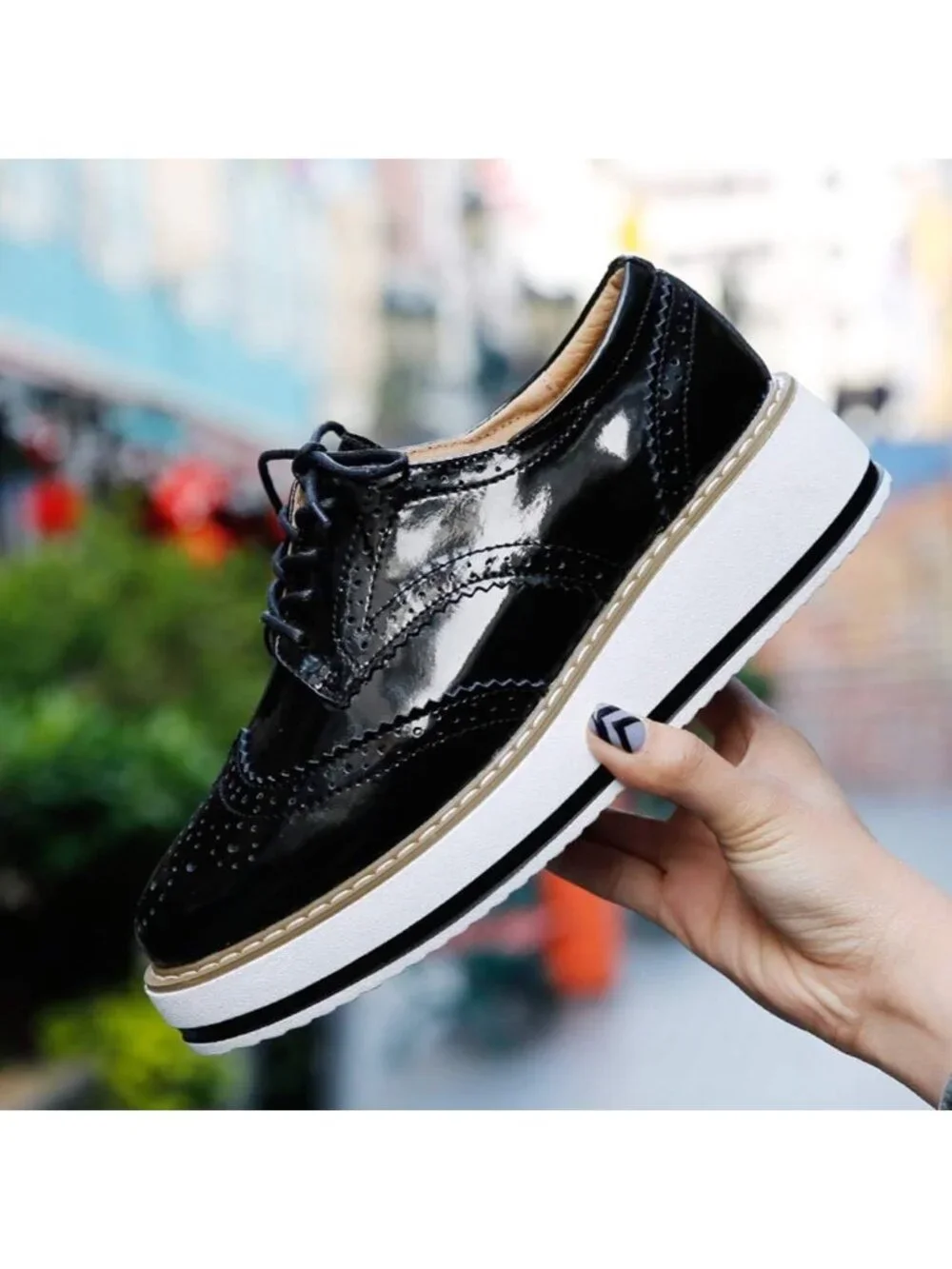 Womens Shine-Black Round Toe Lace Up Leather Oxford Shoes Wingtip White Platform